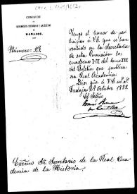 Portada:Oficio en el que la Comisión de Monumentos de Badajoz acusa recibo de los cuadernos I-III del Boletín de la Real Academia de la Historia