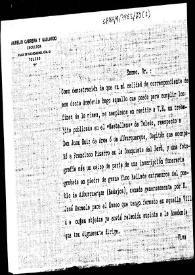 Portada:Carta de remisión de un trabajo publicado en \"El Castellano\" de Toledo sobre Juan Ruiz de Arce, acompañante de Pizarro en la conquista de Perú. También comunica el envío de fotografía y calco de una inscripción funeraria hallada en Alburquerque