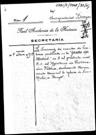 Portada:Carpetilla de expediente sobre una nota que da cuenta de la declaración, como Monumento Nacional, de la iglesia de San Nicolás de Burgos.