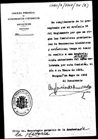 Portada:Oficio de remisión de la copia del acta de la sesión celebrada por la Comisión de Monumentos de Burgos el 8 de Enero de 1934.