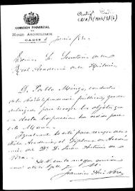 Portada:Carta en la que se comunica que Pablo Mingo queda autorizado para recoger los libros que la Real Academia de la Historia ha cedido al Museo Arqueológico de Cádiz.