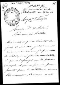 Portada:Carta en la que se solicita que influya para que se apruebe el presupuesto para la restauración de la Cartuja de Jerez de la Frontera.