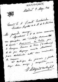 Portada:Carta en la que solicita un ejemplar del Catálogo Monumental de la provincia de Cádiz
