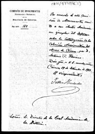 Portada:Oficio de remisión de un ejemplar del informe de Antonio Floriano y Cumbreño sobre la catalogación de la colección numismática del Museo Arqueológico de Cáceres