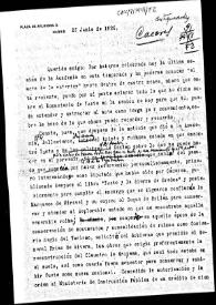 Portada:Carta en la que se comenta el estado ruinoso en el que se encuentra el Monasterio de Yuste y  las dificultades para acometer las obras, ya que fue legado a la hija del Duque de Arión, quien por minoría de edad de su hija no pudo autorizarlas. Se considera la posibilidad de conseguir dicho permiso en la actualidad alcanzada la mayoría de edad de la propietaria