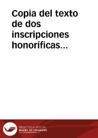 Portada:Copia del  texto de dos inscripciones honoríficas romanas que se hallaron en 1795 en el término municipal de Ubrique y descripción del resto de las antigüedades descubiertas.