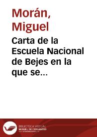 Portada:Carta de la Escuela Nacional de Bejes en la que se solicita el artículo \"Paso Honroso de Suero de Quiñones\", publicado en el Boletín