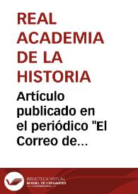 Portada:Artículo publicado en el periódico \"El Correo de Andalucía\", el 1 de noviembre de 1851 (año 1º, nº 2), acerca del descubrimiento de las tablas de bronce con las leyes municipales de Malaca y Salpensa