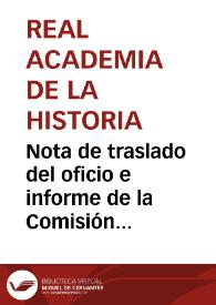 Portada:Nota de traslado del oficio e informe de la Comisión de Monumentos de Santander sobre los restos de San Martín, especificándose que deben enviarse al Anticuario de la Real Academia de la Historia.