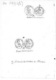 Portada:Dibujo de las dos monedas de oro y plata enviadas por Antonio de Herrera.