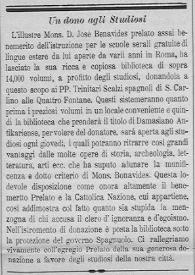 Portada:Artículo en el periódico "La vera Roma" sobre la donación que José Benavides ha hecho de su biblioteca (más de 14000 volúmenes) a los Padres Trinitarios Descalzos de San Carlos de las Cuatro Fuentes.
