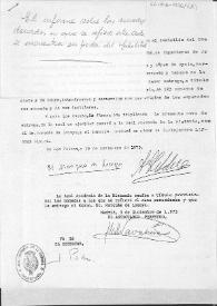 Oficio de entrega de la donación del Comandante Honorífico de Ingenieros de Armamento Alejandro Lifchuz para el monetario de la Real Academia de la Historia.