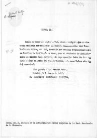Portada:Minuta del oficio dirigido al Anticuario adjuntándole una insignia conmemorativa del bombardeo de Bilbao en 1874, donada por el correspondiente en Sevilla José Mª de Mena.