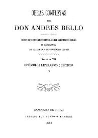 Portada:Obras completas de Don Andrés Bello. Volumen 7. Opúsculos literarios i [sic] críticos II / edición hecha bajo la dirección del Consejo de Instrucción Pública en cumplimiento de la lei de 5 de setiembre de 1872
