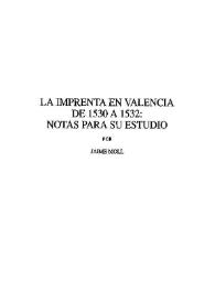 Portada:La imprenta en Valencia de 1530 a 1532 : Notas para su estudio / por Jaime Moll