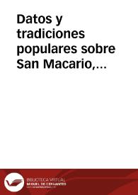 Portada:Datos y tradiciones populares sobre San Macario, patrón de Valdesaz (Guadalajara) / Lopez De Los Mozos, José Ramón