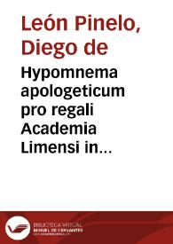 Portada:Hypomnema apologeticum pro regali Academia Limensi in Lipsianam periodum ...