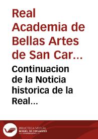 Portada:Continuacion de la Noticia historica de la Real Academia de las Nobles Artes establecida en Valencia con el titulo de San Carlos y relacion de los premios que distribuyò en la Junta General de 2 de setiembre y en la publica de 1 de noviembre de 1783