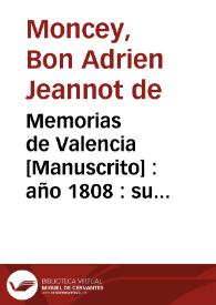 Portada:Memorias de Valencia [Manuscrito] : año 1808 : su gloria a la venida del Gene[ral] Moncey, con escogido exercito