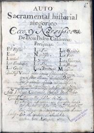 Portada:Auto sacramental historial alegorico Ecco y Narzisso / de don Pedro Calderón de la Barca