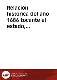 Portada:Relacion historica del año 1686 tocante al estado, sucessos y progressos de la liga sagrada contra turcos : formada de las ultimas cartas de Italia y el Norte : publicadas el martes 10 de setiembre