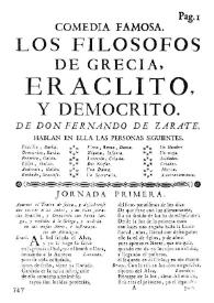 Portada:Los filosofos de Grecia, Eraclito, y Democrito [1762] / de Don Fernando de Zarate