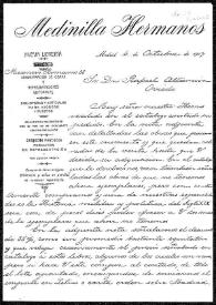 Portada:Carta de Medinilla Hermanos a Rafael Altamira. Madrid, 4 de octubre de 1907