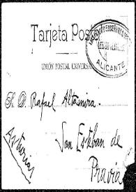 Portada:Tarjeta postal de R. M. Tenrejo a Rafael Altamira. Puentedeume, 22 de julio de 1908