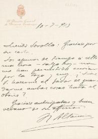 Portada:Carta de Rafael Altamira a Joaquín Sorolla. 20 de julio de 1913 / Rafael Altamira