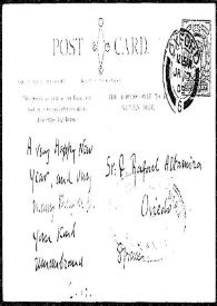 Portada:Tarjeta postal de E. A. a Rafael Altamira. Oxford, [1909]