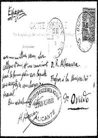Portada:Tarjeta postal de H. Hauser a Rafael Altamira. Dijon, [1909]