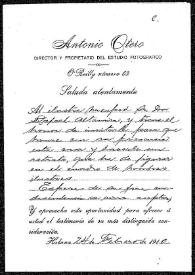Portada:Carta de Antonio Otero a Rafael Altamira. Habana, 24 de febrero de 1910