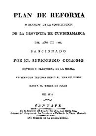 Portada:Plan de reforma o revisión de la Constitución de la provincia de Cundinamarca del año de 1812, 1815