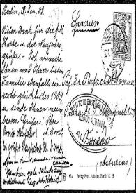 Portada:Tarjeta postal de A. Borel y Leopoldo Palacios a Rafael Altamira. Berlín, 12 de junio de 1909