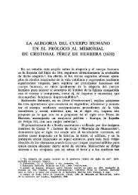 Portada: La alegoría del cuerpo humano en el prólogo al \"Memorial\" de Cristóbal Pérez de Herrera (1610)  / Yvonne David-Peyre