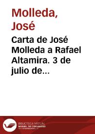 Portada:Carta de José Molleda a Rafael Altamira. 3 de julio de 1909