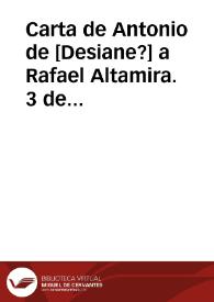 Portada:Carta de Antonio de [Desiane?] a Rafael Altamira. 3 de julio de 1909