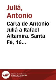 Portada:Carta de Antonio Juliá a Rafael Altamira. Santa Fe, 16 de julio de 1909