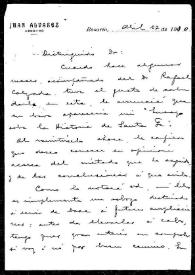 Portada:Carta de Juan Álvarez a Rafael Altamira. Rosario (Santa Fe, Argentina), 27 de abril de 1910