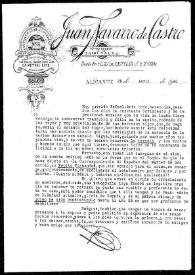 Portada:Carta de Juan Navarro de Castro a Rafael Altamira. Alicante, 28 de abril de 1910