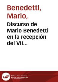 Portada:Discurso de Mario Benedetti en la recepción del VII Premio Reina Sofía de Poesía Iberoamericana : poesía, alma del mundo / Mario Benedetti