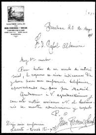 Portada:Carta de Juan Romeu Lasarte a Rafael Altamira. Barcelona, 20 de mayo de 1910