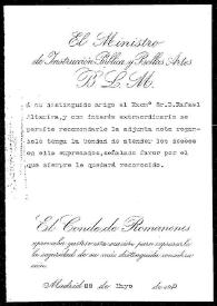 Portada:Carta del Conde de Romanones a Rafael Altamira. Madrid, 22 de mayo de 1910