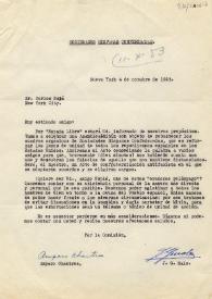 Portada:Carta de las Sociedades Hispánicas Confederadas a Carlos Esplá. Nueva York, 4 de octubre de 1953