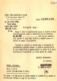 Portada:Carta del Tesorero del Ateneo Ibero-Americano de París sobre las cuotas. París, 6 de marzo de 1960