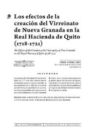 Portada:Los efectos de la creación del Virreinato de Nueva Granada en la Real Hacienda de Quito (1718-1721) / Carmen Ruigómez Gómez