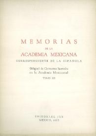Portada:Memorias de la Academia Mexicana correspondiente de la Española. Tomo 12. (Miguel de Cervantes Saavedra en la Academia mexicana) [1955]