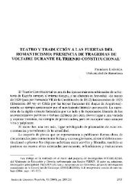 Portada:Teatro y traducción a las puertas del Romanticismo: presencia de tragedias de Voltaire durante el Trienio Constitucional / Francisco Lafarga Maduell