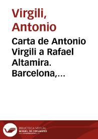 Portada:Carta de Antonio Virgili a Rafael Altamira. Barcelona, 1 de junio de 1910