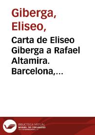 Portada:Carta de Eliseo Giberga a Rafael Altamira. Barcelona, 28 de junio de 1910